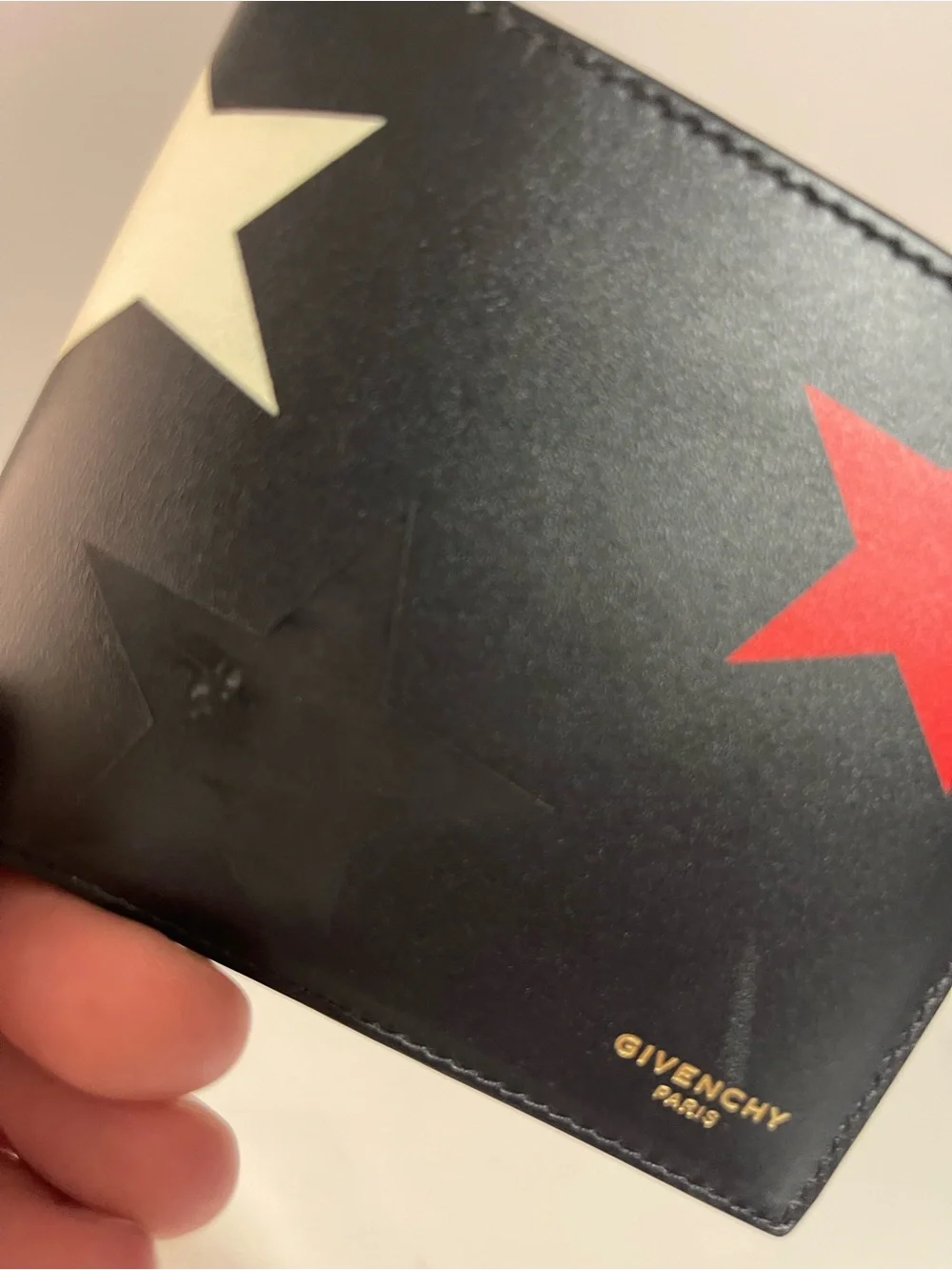 Givenchy Black Leather Wallet with Red, White & Black Star Accents